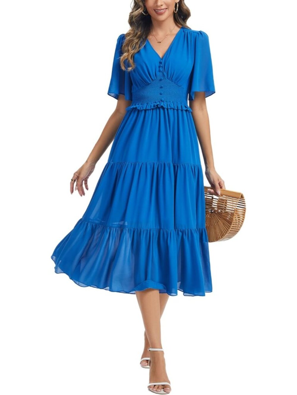 Women's Sky Blue Ruffled Short Sleeve V Neck Imported Casual Maxi Dress